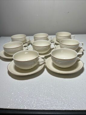 Vtg Rosenthal Germany Embossed Sanssouci Ivory Cup/Saucer Gold Trim Set of 8